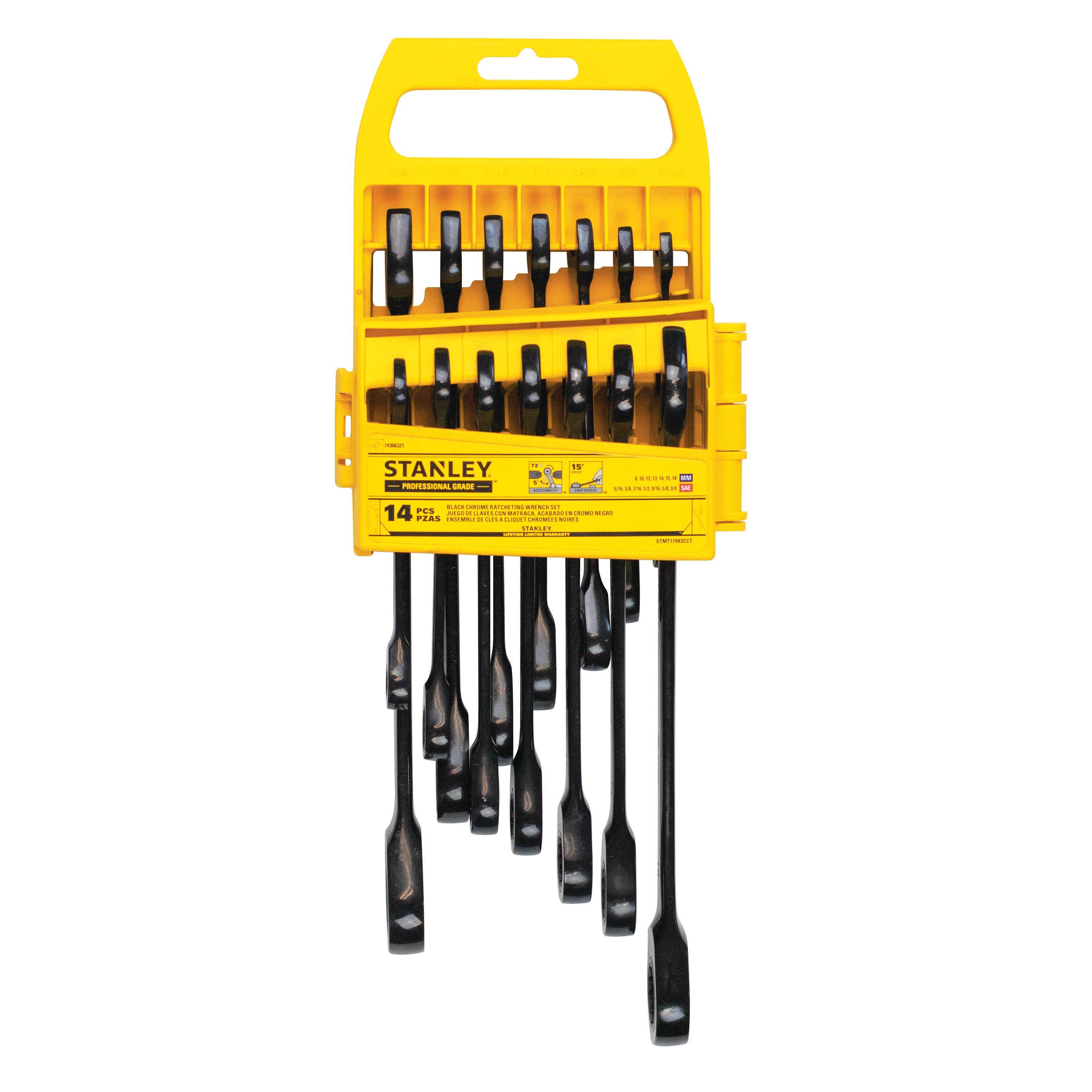 Stanley Tools - 14 PC PROFESSIONAL GRADE BLACK CHROME RATCHETING WRENCH SET - STMT17983